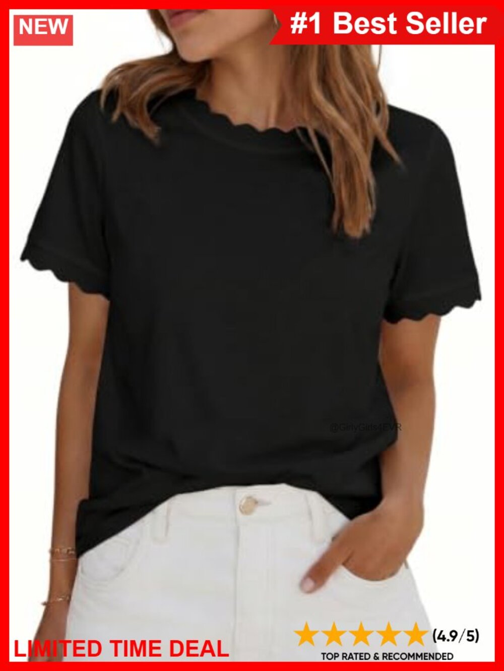 Womens Short Sleeve Scalloped Trim Colorblock Striped T-Shirt Casual Summer
